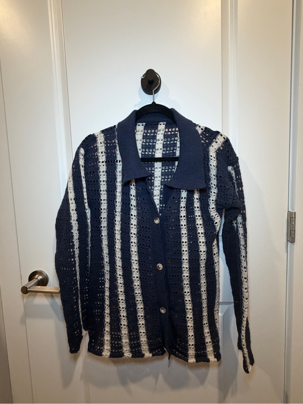 Navy and White Striped Knit Button-Up Sweater